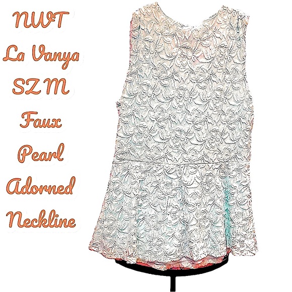 NWT La Vanya faux pearl adorned neckline Mint Green Lacey blouse SZMED Pull over - Picture 6 of 7